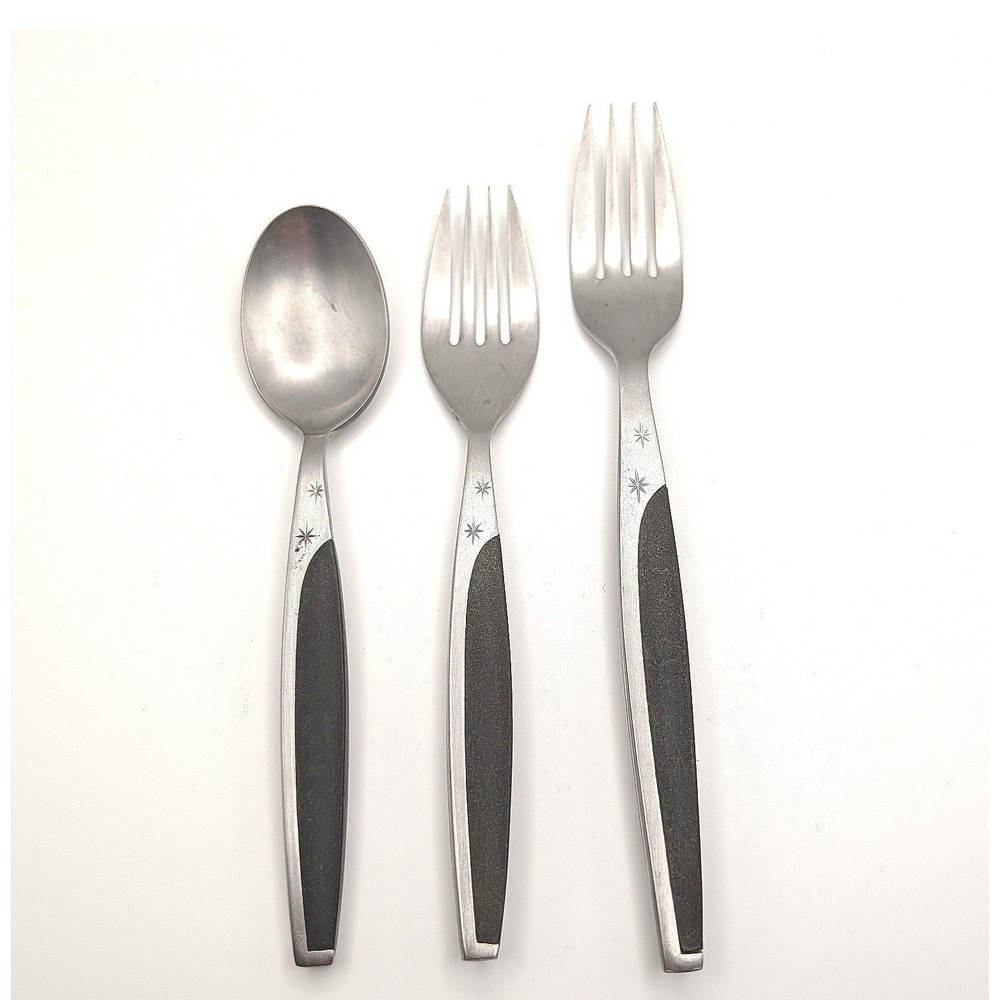 Vintage Stainless Japan Flatware MCM Starburst Black Handle 3pc Set Atomic Fork